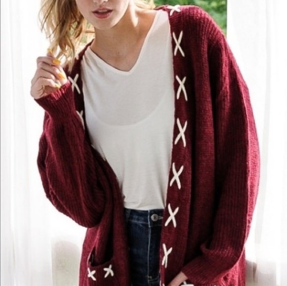 Reddish Burgundy Long Sleeve Lace Up Cardigan - Picture 3 of 8